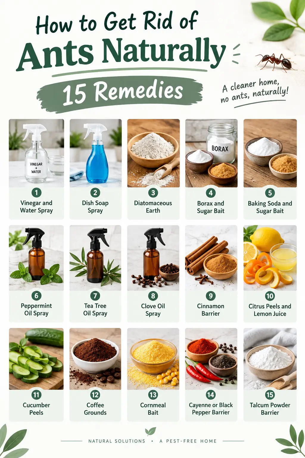 Infographic showing 15 natural ant repellent remedies including vinegar spray, diatomaceous earth, essential oils, and cinnamon barrier